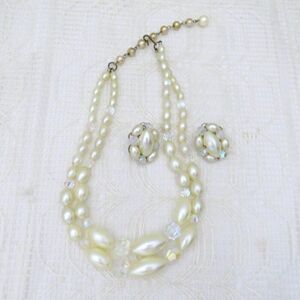 Vintage Necklace and Earring Set Women Faux Pearl and Crystal Glamorous Evening